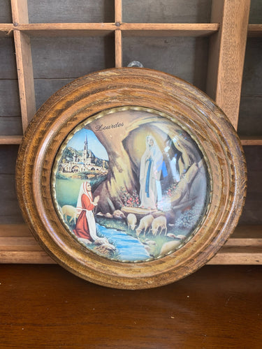 Vintage Our Lady of Lourdes Domed Glass and Wood Picture