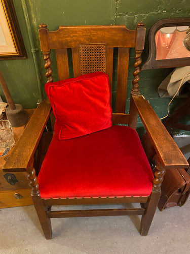 Vintage Chair with Carved Wood Back and Vibrant Red Seat