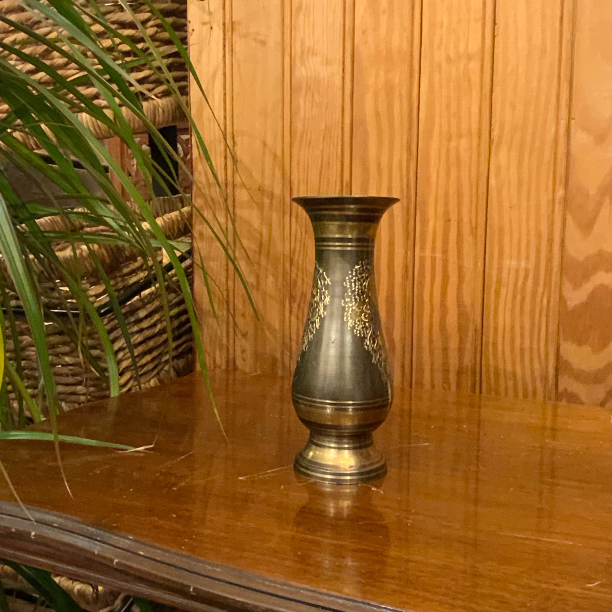 Vintage Brass and Enamel Etched Vase