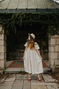 Anne Dress 100% Linen Garden Dress, Hamilton Ontario Ontario Made Canadian Made The Pale Blue Dot Casual Timless Elegant Versatile All Season Autumn Summer Winter Spring Layer James St. North Wedding Casual Romantic Style Loose Flowing Short Sleeve Pockets Boat Neck Pockets 
