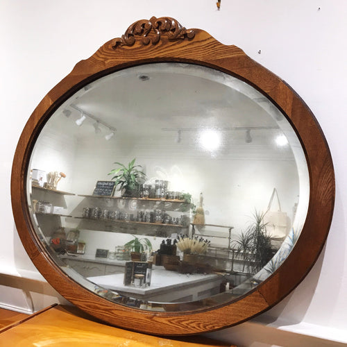 Antique Wooden Oval Mirror with Beveled Edges