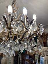 Load image into Gallery viewer, Vintage Brass 12 Arm Crystal Chandelier