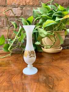 Vintage White Bud Vase with Gold Flowers
