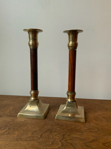 Vintage Pair of Wood And Brass Candle Holders
