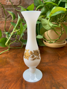 Vintage White Bud Vase with Gold Flowers