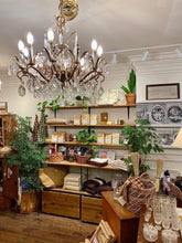 Load image into Gallery viewer, Vintage Brass 12 Arm Crystal Chandelier