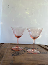 Load image into Gallery viewer, Pair of Antiques Blush Pink “Hughes Corn Flower “ Elegant Depression Glasses Coupes