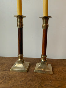 Vintage Pair of Wood And Brass Candle Holders