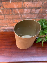 Load image into Gallery viewer, &quot;Image: Vintage 1970s Trashcan with brass-colored tin interior and tweed exterior finish. A stylish and functional piece with retro charm, featuring a textured tweed exterior and durable brass-toned interior.&quot;