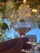 Load image into Gallery viewer, Pair of Antiques Blush Pink “Hughes Corn Flower “ Elegant Depression Glasses Coupes