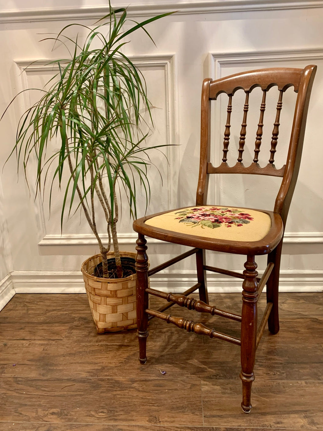 Beautiful Vintage Farmhouse Chair with Needlepoint Seat