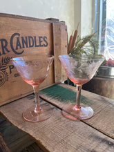 Load image into Gallery viewer, Pair of Antiques Blush Pink “Hughes Corn Flower “ Elegant Depression Glasses Coupes