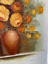 Load image into Gallery viewer, &quot;Exquisite large framed oil painting of vibrant florals in shades of yellows and gold. Intricately detailed petals and dynamic play of light and shadow create a lifelike, three-dimensional effect. Ornate, elegant frame enhances the painting&#39;s grandeur and sophistication. A stunning blend of nature&#39;s beauty and artistic mastery.&quot;