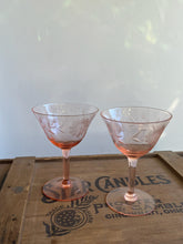 Load image into Gallery viewer, Pair of Antiques Blush Pink “Hughes Corn Flower “ Elegant Depression Glasses Coupes
