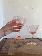 Load image into Gallery viewer, Pair of Antiques Blush Pink “Hughes Corn Flower “ Elegant Depression Glasses Coupes