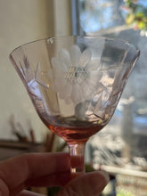 Load image into Gallery viewer, Pair of Antiques Blush Pink “Hughes Corn Flower “ Elegant Depression Glasses Coupes