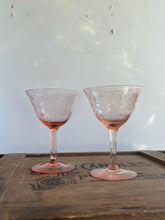 Load image into Gallery viewer, Pair of Antiques Blush Pink “Hughes Corn Flower “ Elegant Depression Glasses Coupes