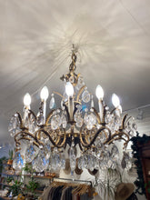 Load image into Gallery viewer, Vintage Brass 12 Arm Crystal Chandelier
