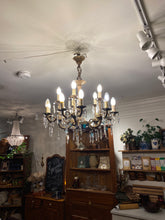 Load image into Gallery viewer, Vintage Brass 15 Arm Crystal Chandelier