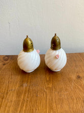 Load image into Gallery viewer, Dainty Milk Glass Salt &amp; Pepper Shakers with Tiny Floral Buds