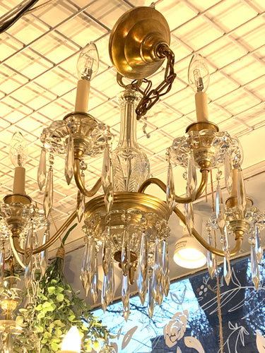Vintage Traditional Style  5 Arm Chandelier with Bobeche and Crystal Icicle Prisms