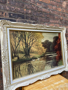 Beautiful Framed Autumn Park Painting Print on Board