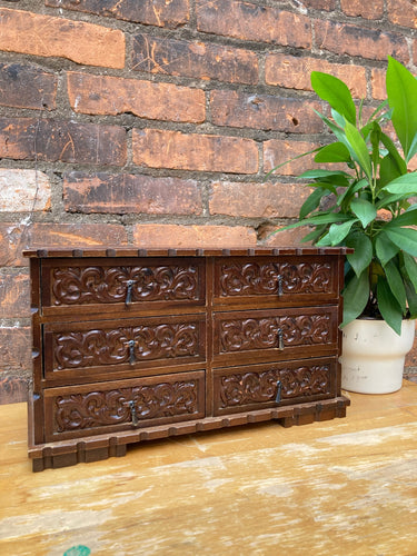 Vintage Wood Carved Jewellery Box with Drawers