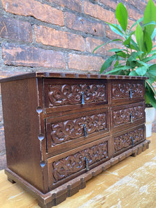 Vintage Wood Carved Jewellery Box with Drawers