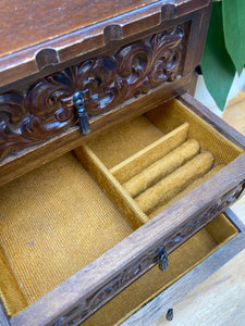 Vintage Wood Carved Jewellery Box with Drawers