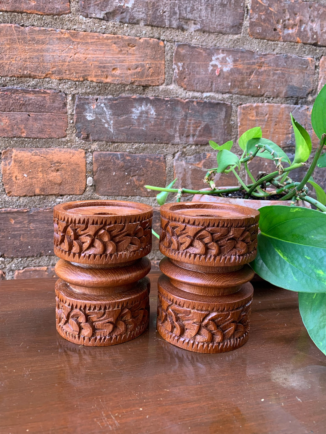 Pair of Beautiful Carved Wood Candle Holders