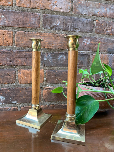 Pair of Turned Wood and Brass Candle Holders