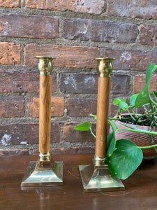 Pair of Turned Wood and Brass Candle Holders