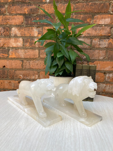 Gorgeous Carved Alabaster Onyx Lioness & Lion Statuettes