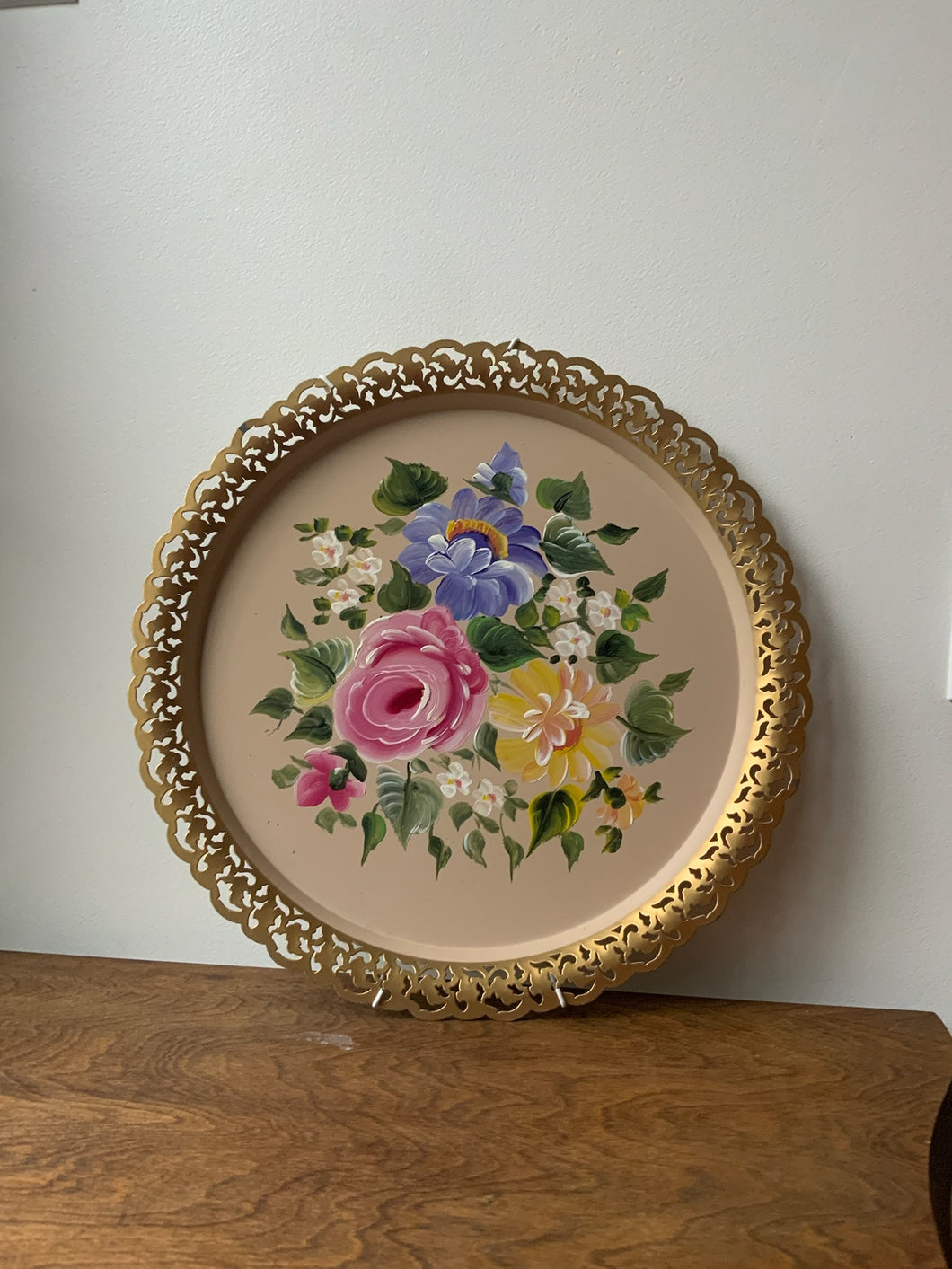 Lovely Floral Painted Gold Tray