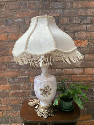 Vintage Lavender Pearl Lamp with Gorgeous Scalloped Fringe Shade