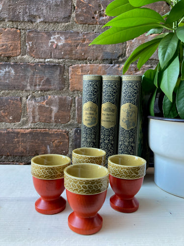 Set of 4 Retro Vintage Egg Cups Wood and Pottery