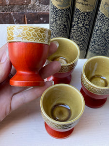 Set of 4 Retro Vintage Egg Cups Wood and Pottery