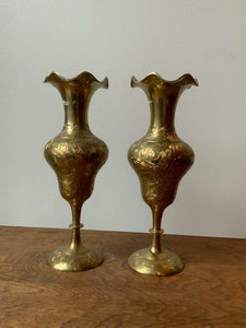 Gorgeous Pair of Vintage Etched Brass Vases