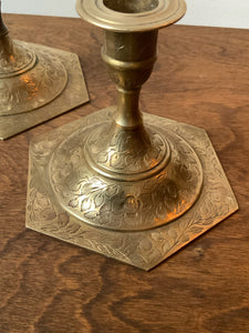 Beautiful Pair of Vintage Etched Brass Candle Holders