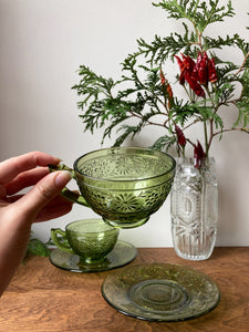 Vintage Indiana Daisy Avocado Green Cup and Saucers