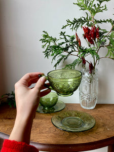 Vintage Indiana Daisy Avocado Green Cup and Saucers