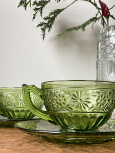 Vintage Indiana Daisy Avocado Green Cup and Saucers