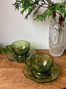 Vintage Indiana Daisy Avocado Green Cup and Saucers