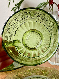 Vintage Indiana Daisy Avocado Green Cup and Saucers