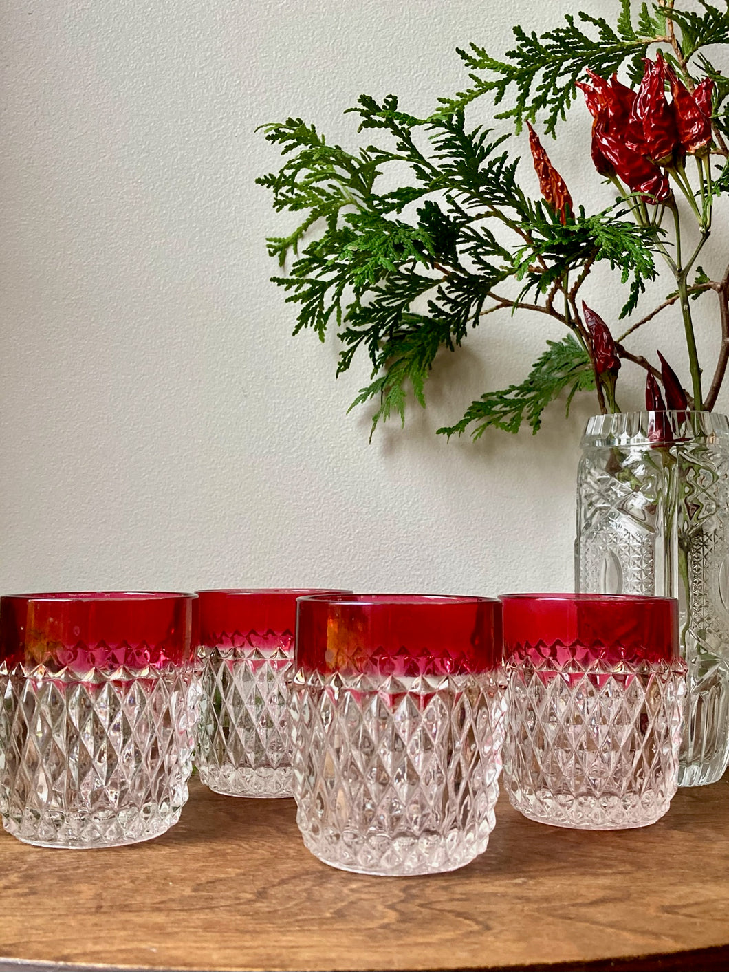 Stunning Vintage Diamond Cut Cranberry Flash Rim Glasses