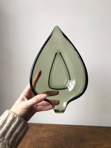 Vintage Smoky Green Glass Leaf Dish