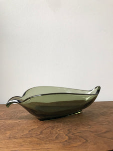 Vintage Smoky Green Glass Leaf Dish