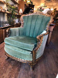 Exquisite Vintage Green Velvet Arm Chair with Exceptional Carved Detailing