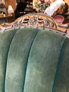 Exquisite Vintage Green Velvet Arm Chair with Exceptional Carved Detailing