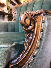 Load image into Gallery viewer, Exquisite Vintage Green Velvet Arm Chair with Exceptional Carved Detailing